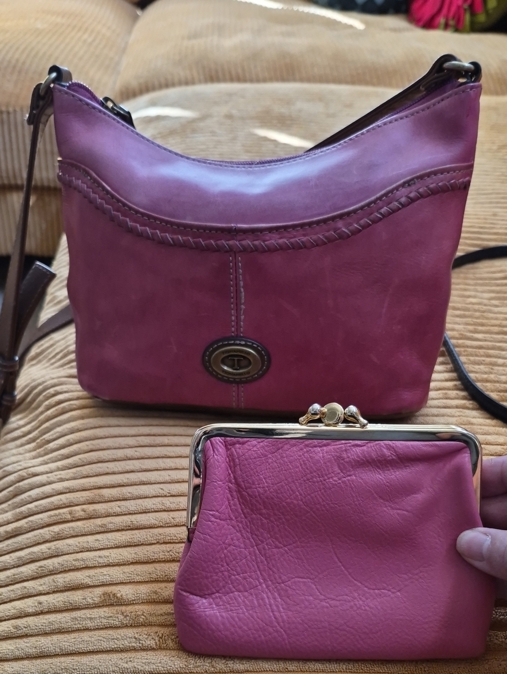 Tignanello Plum Leather Bag with Braided Trim And matching Kisslock Coin Purse.